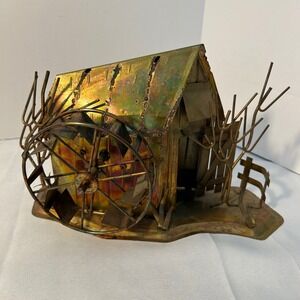 Vintage Brass Water Wheel House Music Box Plays Moon River Hong Kong‎